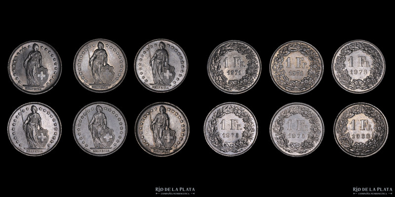 Switzerland. 1 Franc Lote x6.1968-1978 años 1968-71(x2)-75(x2)-78. Cu-Ni; 23.2mm...