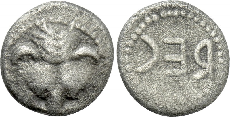 BRUTTIUM. Rhegion. Obol (Circa 510 BC).

Obv: Facing scalp of lion.
Rev: REC ...