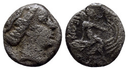 EUBOIA, Histiaia. 3rd-2nd centuries BC. AR Tetrobol (13mm, 2.4 g). Wreathed head of the nymph Histiaia right / Nymph seated right on prow of galley; w...