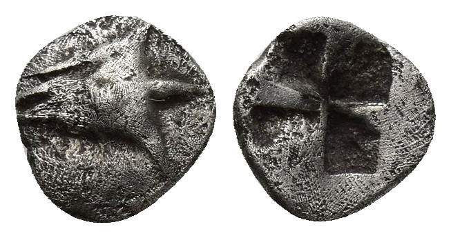 MYSIA, Kyzikos (Circa 600-550 BC) AR Hemiobol (8mm, 0.5 g) Obv: Head of tunny le...