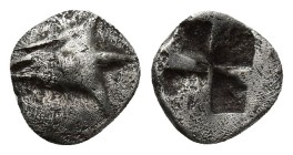 MYSIA, Kyzikos (Circa 600-550 BC) AR Hemiobol (8mm, 0.5 g) Obv: Head of tunny left, swallowing another fish. Rev: Quadripartite incuse square.