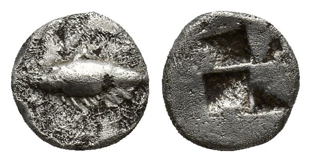 Mysia, Kyzikos AR Hemiobol. (7.8mm, 0.5 g) Circa 500 BC. Tunny fish swimming to ...