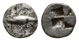 Mysia, Kyzikos AR Hemiobol. (7.8mm, 0.5 g) Circa 500 BC. Tunny fish swimming to left / Quadripartite incuse square.