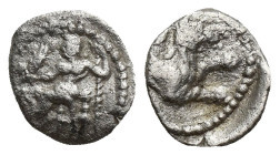 LYCAONIA, Laranda. (Circa 324/3 BC). AR Obol. (9mm, 0.5 g) Obv: Baal seated left on throne, holding grain ear, grape bunch and sceptre.. Rev: Forepart...