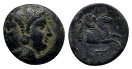 Mysia. Lampsakos circa 380-330 BC. Bronze Æ (17mm, 4.2 g) Janiform female head wearing tania and earring / Forepart of Pegasos right; torch below.