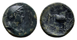 Aeolis, Aigai Æ (12mm, 1.4 g). Circa 2nd - 1st centuries BC. Head of Hermes to right, wearing petasos / AIΓAEΩN, forepart of goat to right; monograms ...