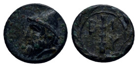 Troas, Birytis. Ca. 350-300 B.C. AE (11mm, 1.5 g). Head of Kabeiros left, wearing pilus / BIPY, club within wreath.