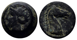 CARTHAGE. Circa 300-264 BC. Æ Shekel(?) (17mm, 4.4 g). Carthage (or Uncertain Sardinian?) mint. Wreathed head of Tanit left / Horse’s head right;