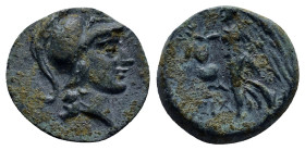 PAMPHYLIA. Side. Ae (14mm, 2.7 g) (Circa 200-36 BC). Obv: Helmeted head of Athena right. Rev: ΣΙΔ - Η[ΤΩΝ]. Nike advancing left, holding wreath; in le...