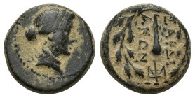 LYDIA. Sardes. Circa 133 BC-AD 14. AE (14mm, 3.7 g). Laureate head of Apollo to right. Rev. ΣAPΔI-ANΩN Club; all within oak wreath; to right, monogram...