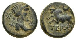 Pisidia. Termessos Major circa 100-0 BC. Bronze Æ (12mm, 2.4 g). Laureate, and draped bust right (Artemis ?) / Humped bull jumping left, TEP below, cr...