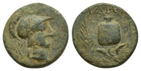 PAMPHYLIA. Side. Ae (14mm, 3.7 g) (1st century BC). Obv: Helmeted head of Athena right. Rev: Pomegranate, palm branch.