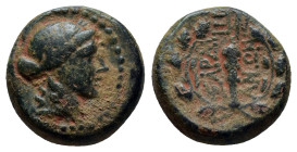 Lydia, Sardes Æ (14mm. 4.5 g) Circa 133 BC - AD 1. Laureate head of Apollo to right / Club; ΣΑΡΔΙΑΝΩΝ across fields, monogram below; all within laurel...