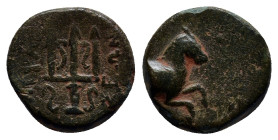 CARIA. Mylasa. Ae (12mm, 2.1 g) (Circa 210-30 BC). Obv: MYΛΑΣΕΩΝ. Ornate trident head. Rev: Forepart of horse right.