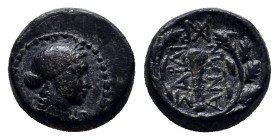 LYDIA. Sardes. 2nd-1st c. B.C. AE. (14mm, 4.1 g) Laureate head of Apollo. Rev. ΣΑΡΔΙ-ΑΝΩΝ Club, below, monogram; whole in oak wreath.