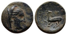 Ionia, Ephesos (as Arsinoeia), c. 290-281 BC. Æ (17mm, 4.3 g). Uncertain magistrate. Veiled bust of Arsinoe II r. R/ Stag kneeling l., head reverted; ...