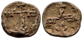 BYZANTINE LEAD SEALS. (20mm, 13.2 g). Obv: Cruciform monogram. Rev: Cruciform monogram.