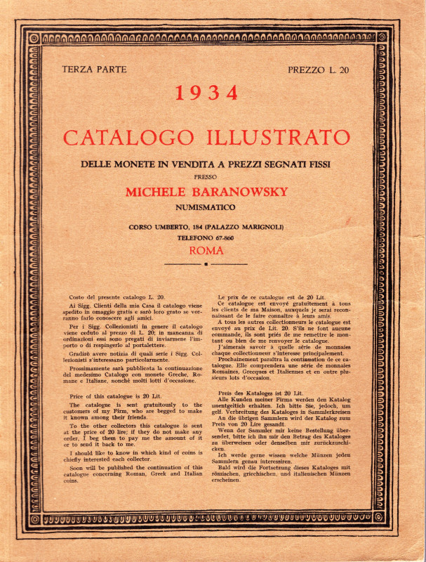 BARANOWSKY M. – Roma, 1934. Catalogo a prezzi fissi III parte. Monete greche, ro...