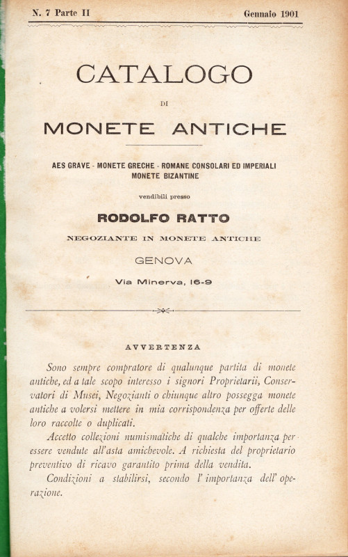 RATTO R. – Genova, 1901. Catalogo di monete antiche a prezzi fissi N. 7 parte se...