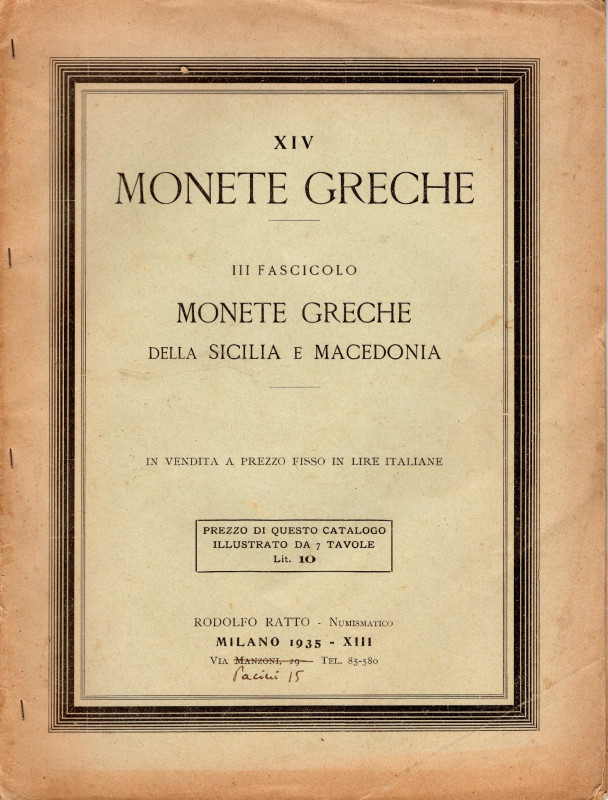 RATTO R. – Milano, 1935. Fascicolo XIV. A prezzi fissi. Monete greche della Sici...