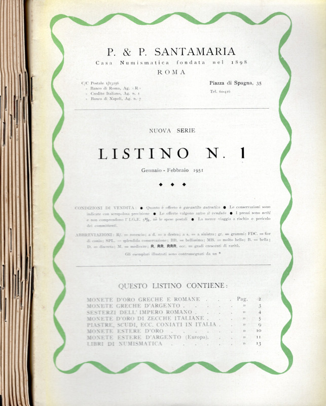 SANTAMARIA P&P. - Listini a prezzo fisso nuova serie dal n 1 1951 al n 10 1956. ...