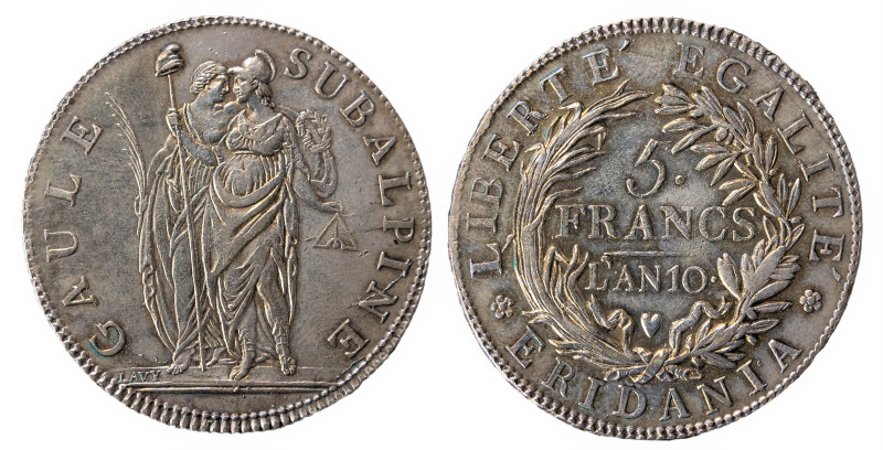 TORINO - REPUBBLICA SUBALPINA (1800-1802) - 5 franchi, anno 10
Argento
Gigante 4...