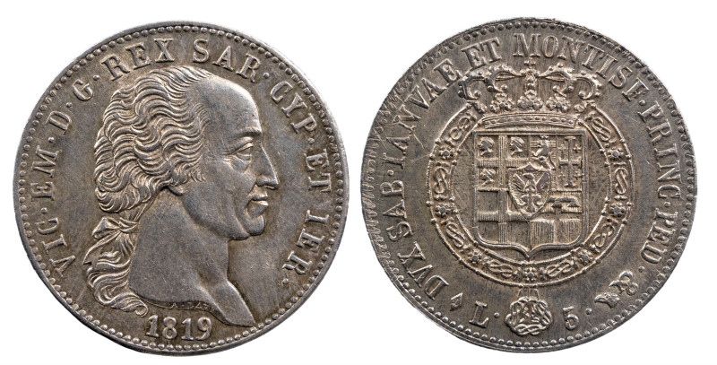 VITTORIO EMANUELE I (1802-1821) - 5 lire 1819
Argento
Gigante 20,  Pagani 13   R...