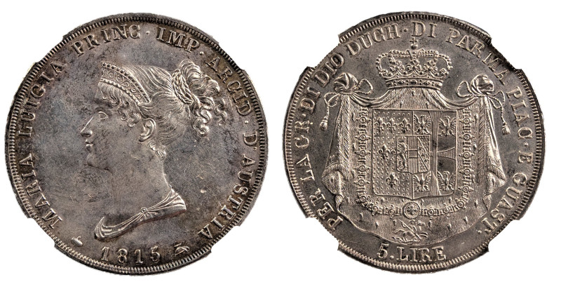 PARMA - MARIA LUIGIA (1815-1847) - 5 lire 1815
Argento
Gigante 5  Non comune
NGC...