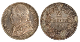 PIO IX (1846-1870) - 2 lire 1866, anno XXI (II° tipo)
Argento
Gigante 286 bis Raro
FDC