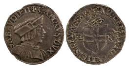 CARLO II (1504-1553) - Testone, Vercelli
Argento
Cudazzo 398h, Biaggi 293c   Molto raro
Patina scura. Ribattitura al /R.
q.SPL