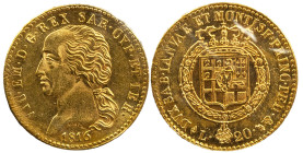 VITTORIO EMANUELE I (1802-1821) - 20 lire 1816
Oro
Gigante 11, Pagani 4 Molto raro
Sigillata q.FDC dal perito NIP Rollero Piero con la nota 'di eccell...