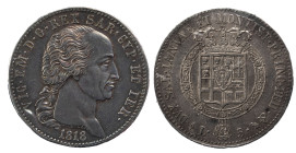 VITTORIO EMANUELE I (1802-1821) - 5 lire 1818
Argento
Gigante 19,  Pagani 12   Raro
Patina scura
Sigillato SPL+ dal Perito NIP Rollero Piero con la no...