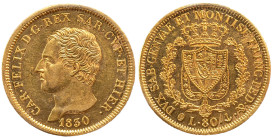 CARLO FELICE (1821-1831) - 80 lire 1830, Genova
Oro
Gigante 12, Pagani 35
Fondi lucenti
Sigillato q.FDC dal Perito NIP Ranieri Egidio