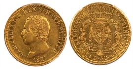 CARLO FELICE (1821-1831) - 40 lire 1825, Torino
Oro
Gigante 17, Pagani 42 Raro
Rovescio di ottima qualità
PCGS AU53
Certificato PCGS numero 45932...