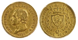 CARLO FELICE (1821-1831) - 40 lire 1825, Torino
Oro
Gigante 17, Pagani 42  Raro
PCGS AU53
Certificato PCGS numero 45665337