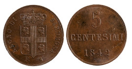 CARLO ALBERTO, monetazione per la Sardegna (1831-1849) - 5 centesimi 1842
Rame
Gigante 158, Pagani 334 Raro
Bell'esemplare dal lustro integro
q.FDC