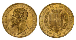 VITTORIO EMANUELE II, Re di Sardegna (1849-1861) - 20 lire 1861, Torino
Oro
Gigante 22, Pagani 359
SPL-FDC