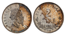 VITTORIO EMANUELE II (1861-1878) - 2 lire valore 1863, Napoli
Argento
Gigante 58, Pagani 508 Non comune
Patina non omogenea
SPL