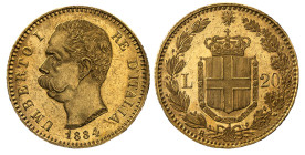 UMBERTO I (1878-1900) - 20 lire 1884
Oro
Gigante 14, Pagani 580  Molto raro
m.SPL/q.FDC