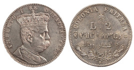 UMBERTO I, Colonia Eritrea (1890-1896) - 2 lire 1890
Argento
Gigante 3, Pagani 632 Non comune
Bell'esemplare
q.FDC