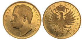 VITTORIO EMANUELE III (1900-1943) - 100 lire 1905
Oro
Gigante 2, Pagani 639   Molto raro
Ex perizia q.FDC del Perito NIP Simone Rocco di Torrepadula
(...