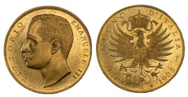 VITTORIO EMANUELE III (1900-1943) - 100 lire 1905
Oro
Gigante 2, Pagani 639 Molto raro
Segnetti al /D ma buon esemplare dai fondi lucenti
SPL/q.FDC