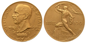 VITTORIO EMANUELE III (1900-1943) - 100 lire 1925
Oro
Gigante 8, Pagani 645 Raro
Graffi sui fondi del /D. /R di notevole qualità
SPL/q.FDC