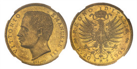 VITTORIO EMANUELE III (1900 - 1943) - 20 lire 1903
Oro
Gigante 26 Molto raro
NGC MS60
Certificato NGC n. 5784532-027