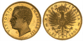 VITTORIO EMANUELE III (1900-1943) - 20 lire 1905
Oro
Gigante 27, Pagani 664   Raro
q.FDC