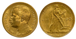 VITTORIO EMANUELE III (1900-1943) - 20 lire 1912
Oro
Gigante 31, Pagani 667   Raro
Bell'esemplare
q.FDC/FDC