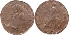 1788 Connecticut Copper. Miller 4.1-B.1, W-4420. Rarity-5+. Mailed Bust Right. AU-50 (PCGS).
115.8 grains. Deep mahogany-brown on the obverse, while ...