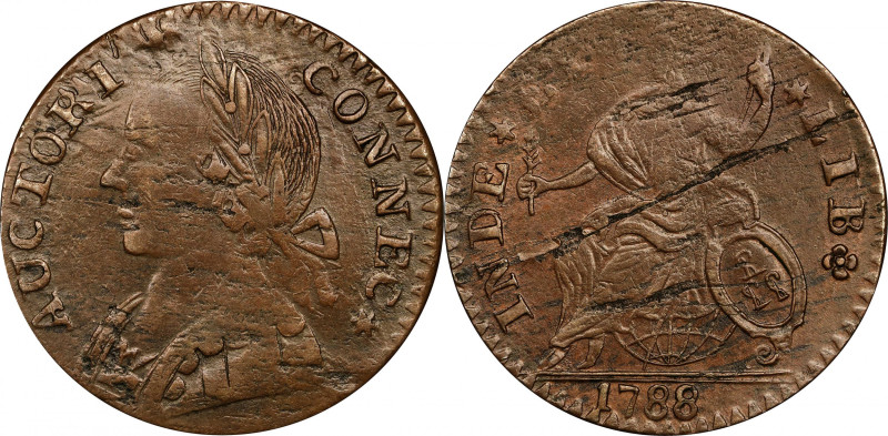 1788 Connecticut Copper. Miller 9-E, W-4500. Rarity-4+. Mailed Bust Left. EF-40 ...