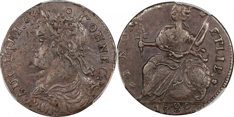 1788 Connecticut Copper. Miller 16.1-H, W-4600. Rarity-4. Draped Bust Left. AU-5...