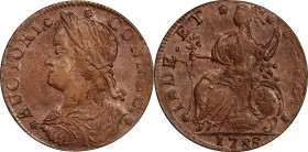 1788 Connecticut Copper. Miller 17-Q, W-4640. Rarity-5+. Draped Bust Left, CONNLC. MS-63 BN (PCGS).
98.2 grains. An incredible example of the CONNLC ...